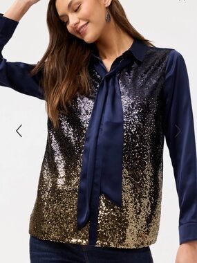 Johnny Was Navy Satin Tie-Neck Blouse with Gold Sequin Ombre Front